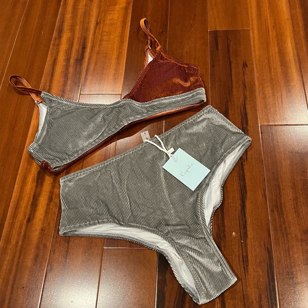 Cupshe Velvet Bikini Set‎ Swim Two Tone Gray Brown New Padded Velour Rib Small